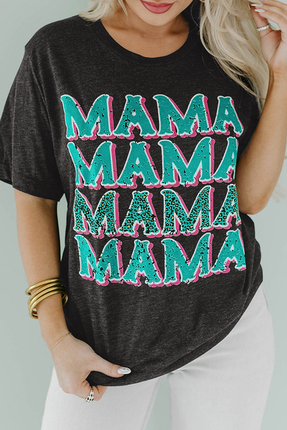 Black Leopard MAMA Letter Print T Shirt