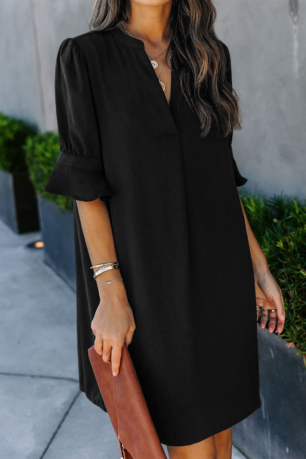 Shewin Wholesale Women CLOTHING Black Split V Neck Short Sleeve Casual Tunic Dress