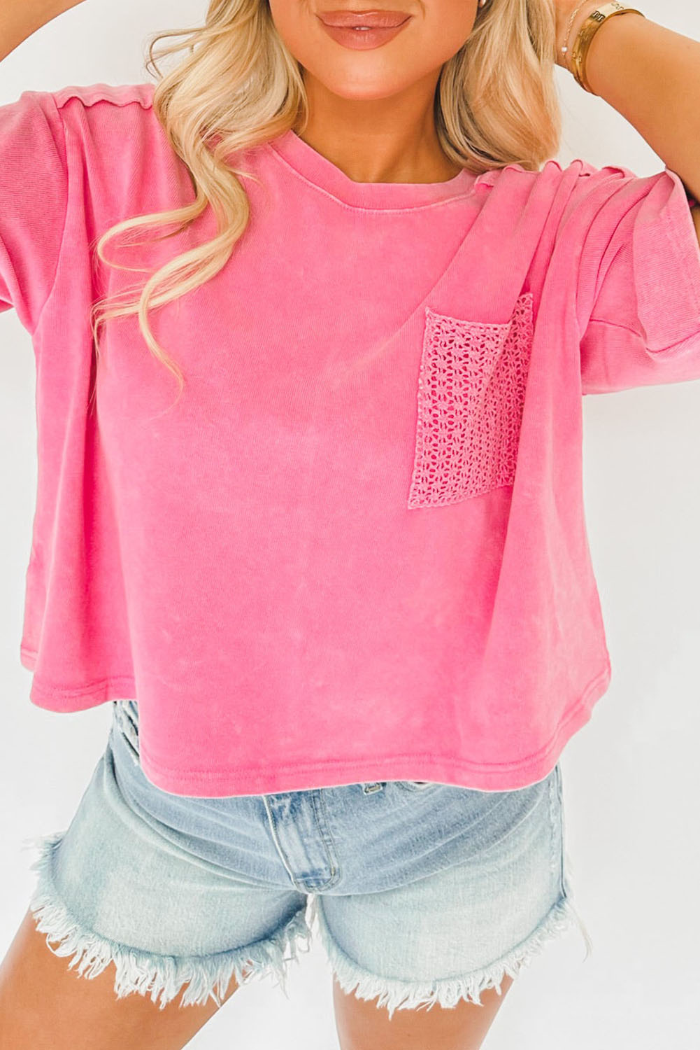 Pink Washed Short Sleeve T SHIRT with Crochet Pocket