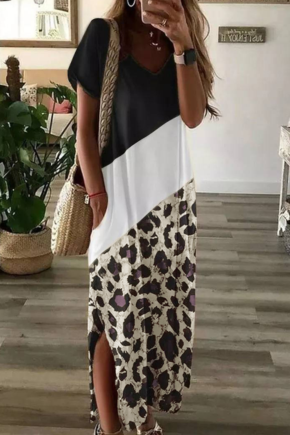 Shewin Wholesale CLOTHING Black Leopard Color Block Side Slit T Shirt Maxi Dress