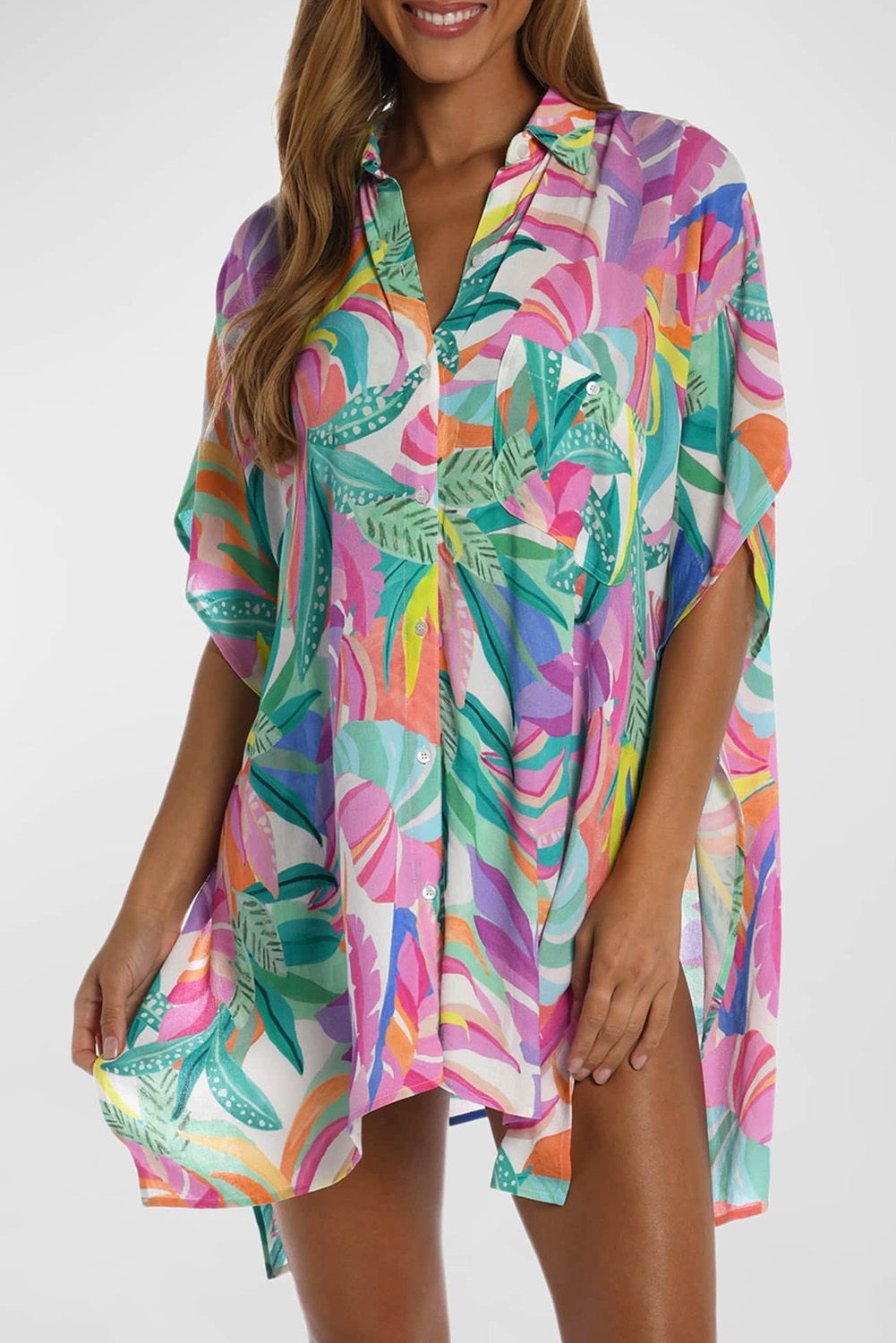 Shewin Wholesale Customized Multicolor Tropical Print Button-up SHORT Sleeve Beach Cover Up
