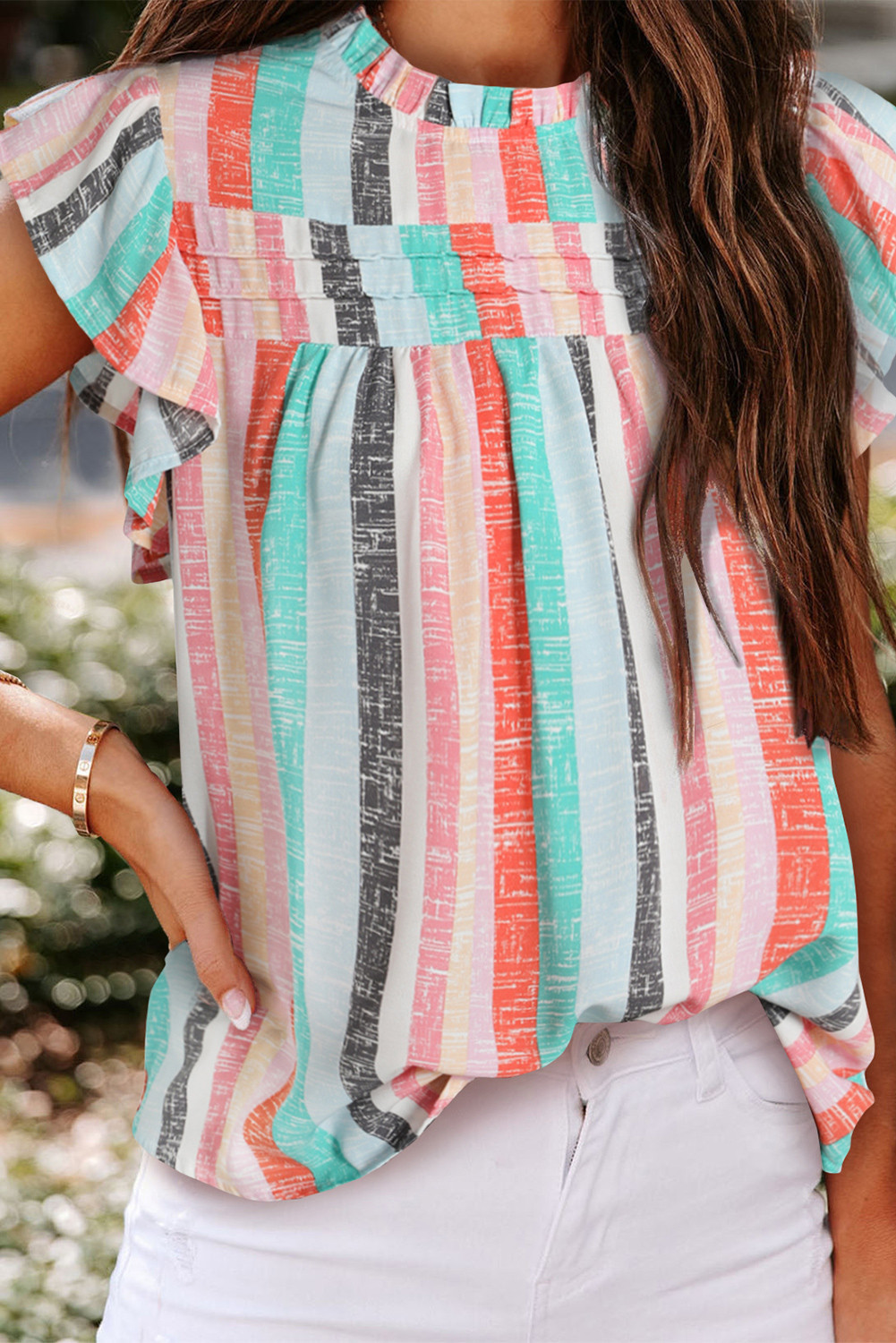 Green Striped Color Block Frill Neck Ruffle Blouse