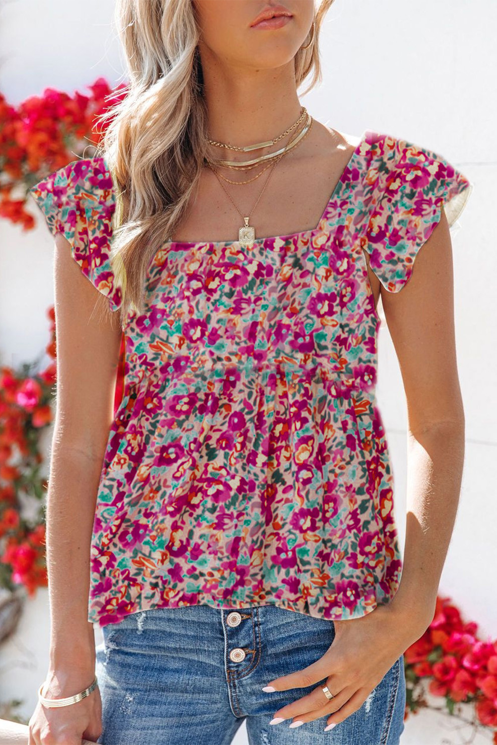 Multicolor Floral Square Neck Ruffle Sleeveless Shirt