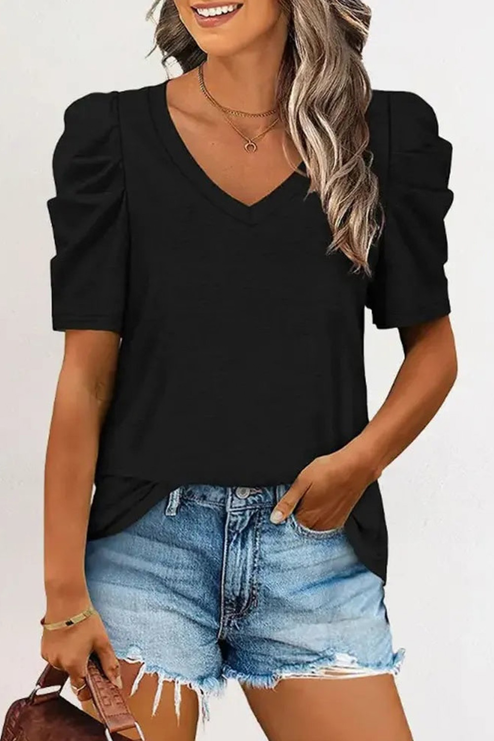 Shewin Wholesale Clothing Suppliers Black Puff Sleeve Casual V Neck T-SHIRT