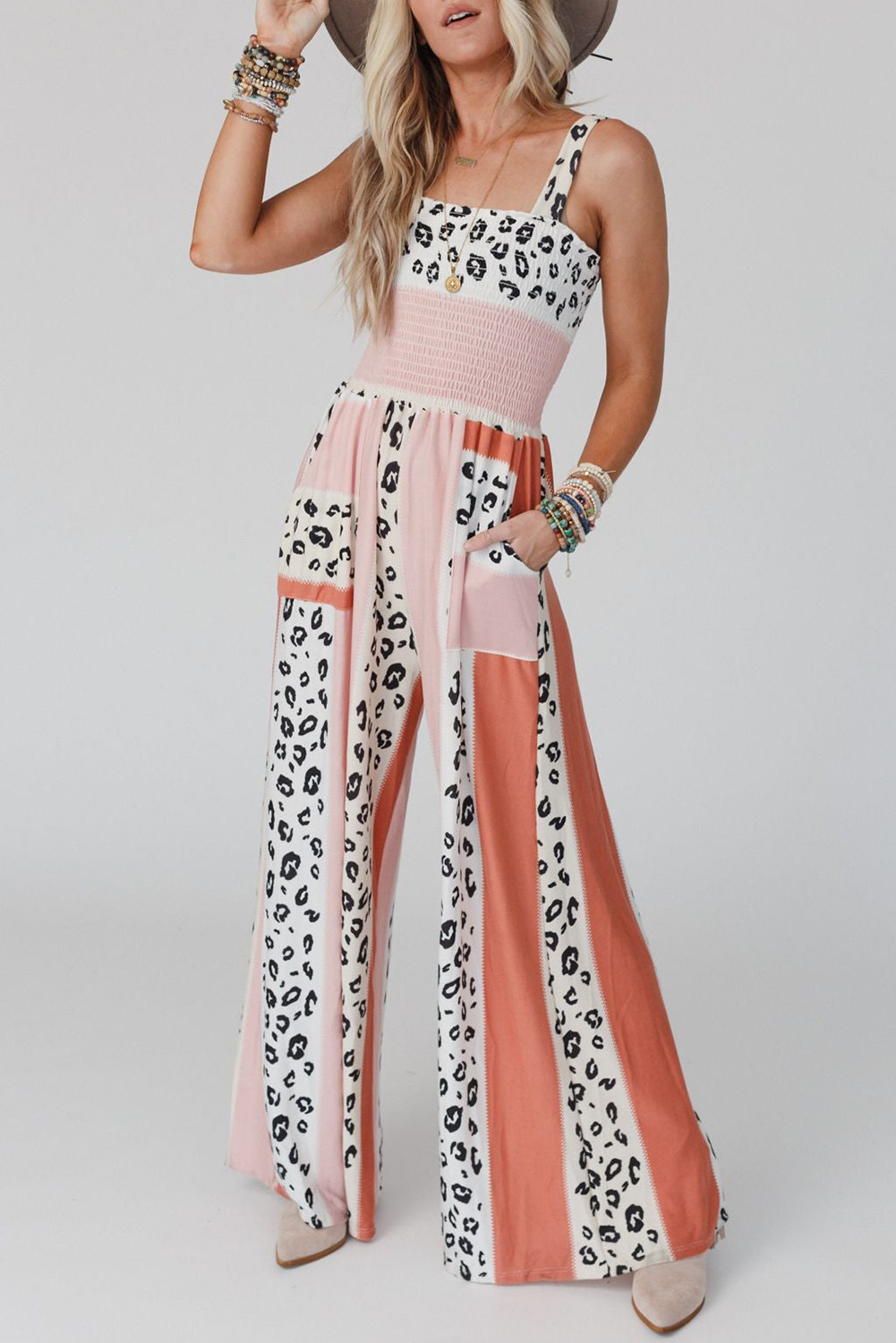 Pink Leopard Color Block Mix Print Straps Jumpsuit