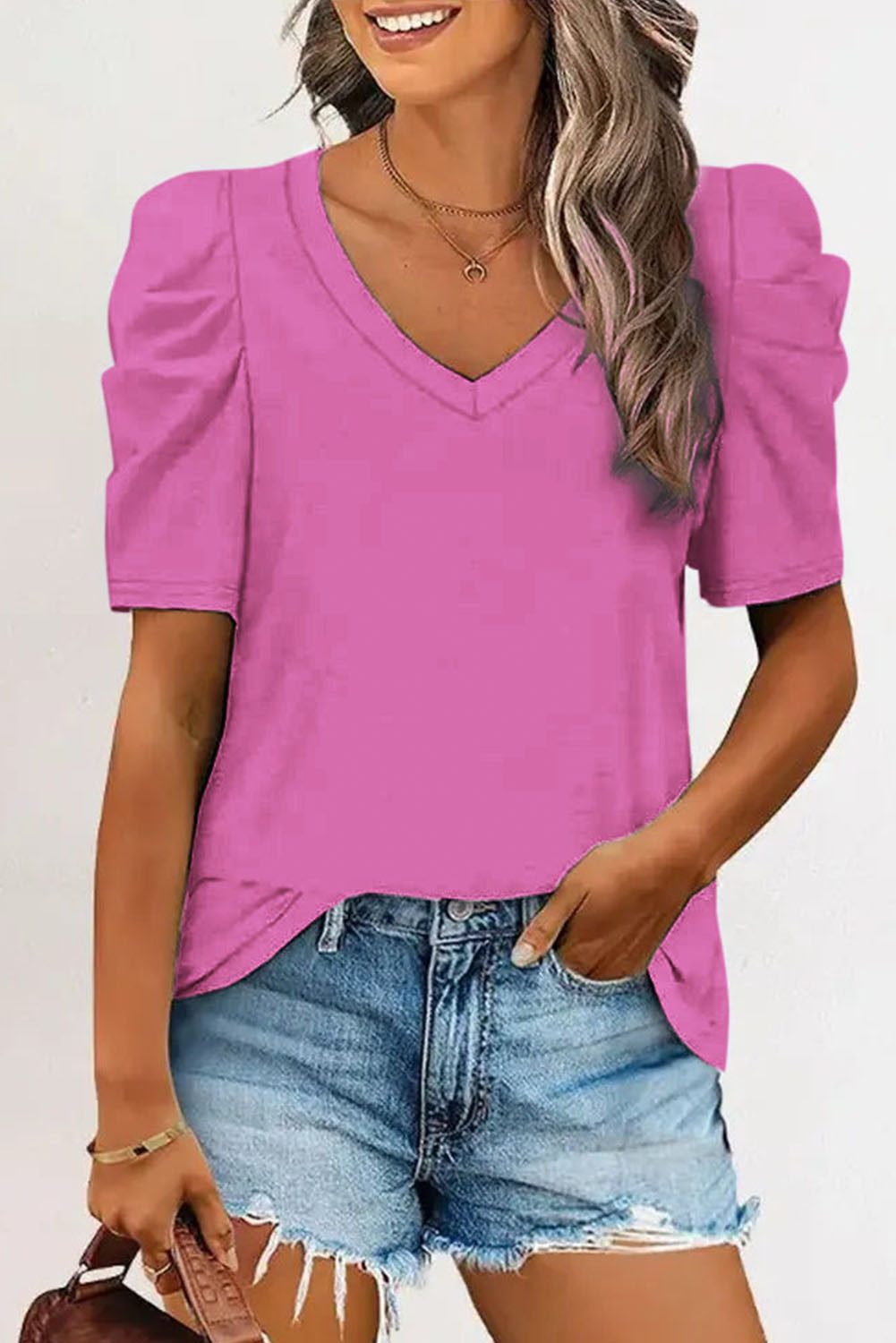Rose Puff Sleeve Casual V Neck T-Shirt