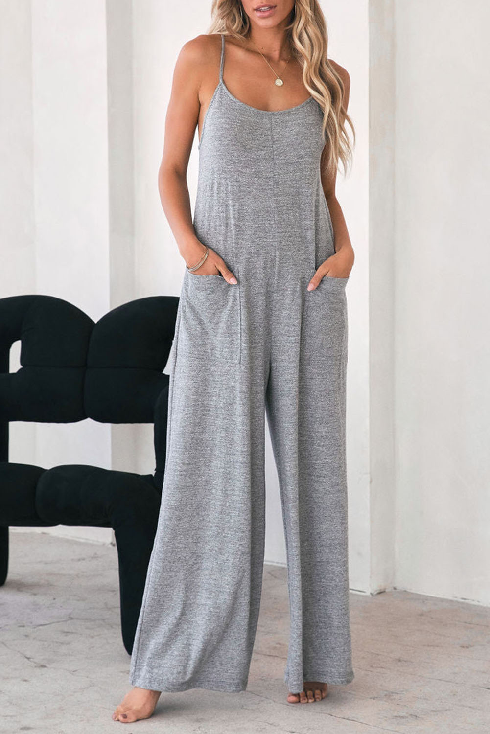 Shewin Wholesale CLOTHING Gray Loose Fit Side Pockets Spaghetti Strap Wide Leg Jumpsuit