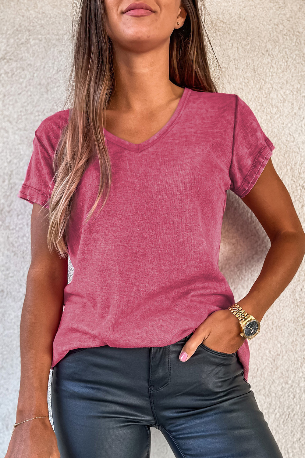 Rose Casual Mineral Washed V Neck T Shirt