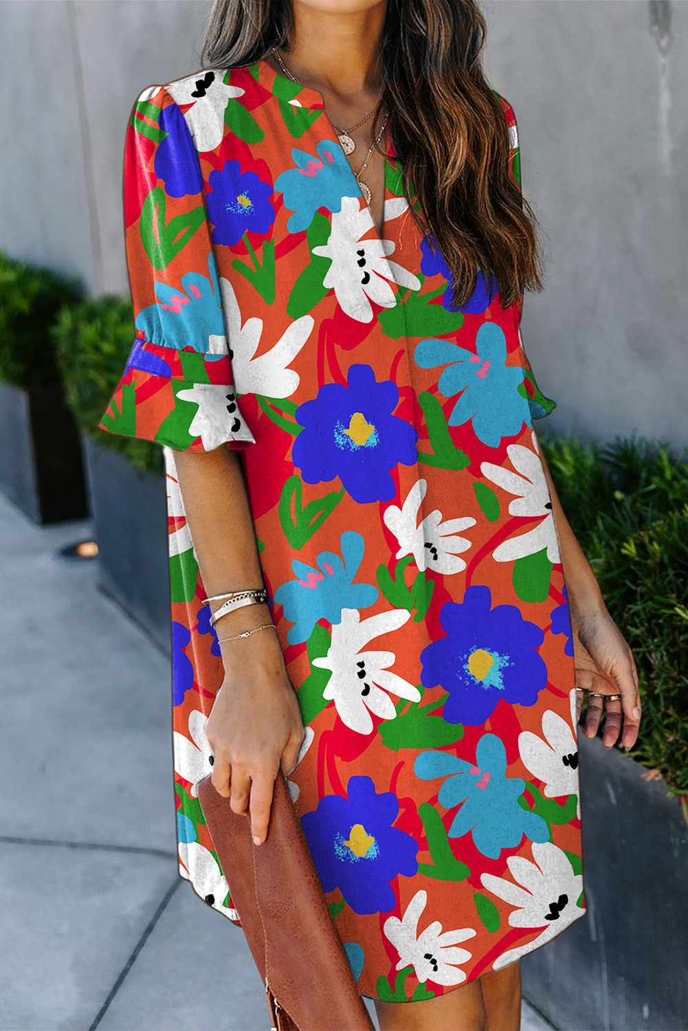 Orange Floral Print Mandarin Collar Short Sleeve Tunic Dress