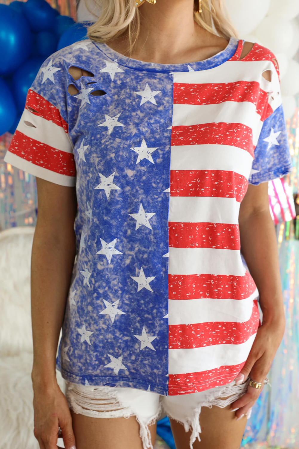 Stripe American FLAG Print Distressed Round Neck T Shirt