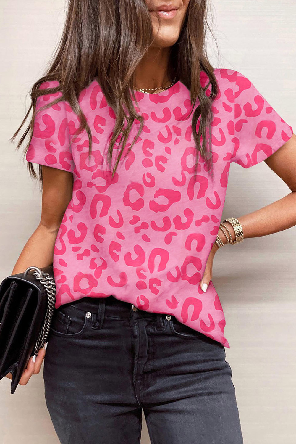 Pink Leopard Crew Neck Casual Short Sleeve T Shirt