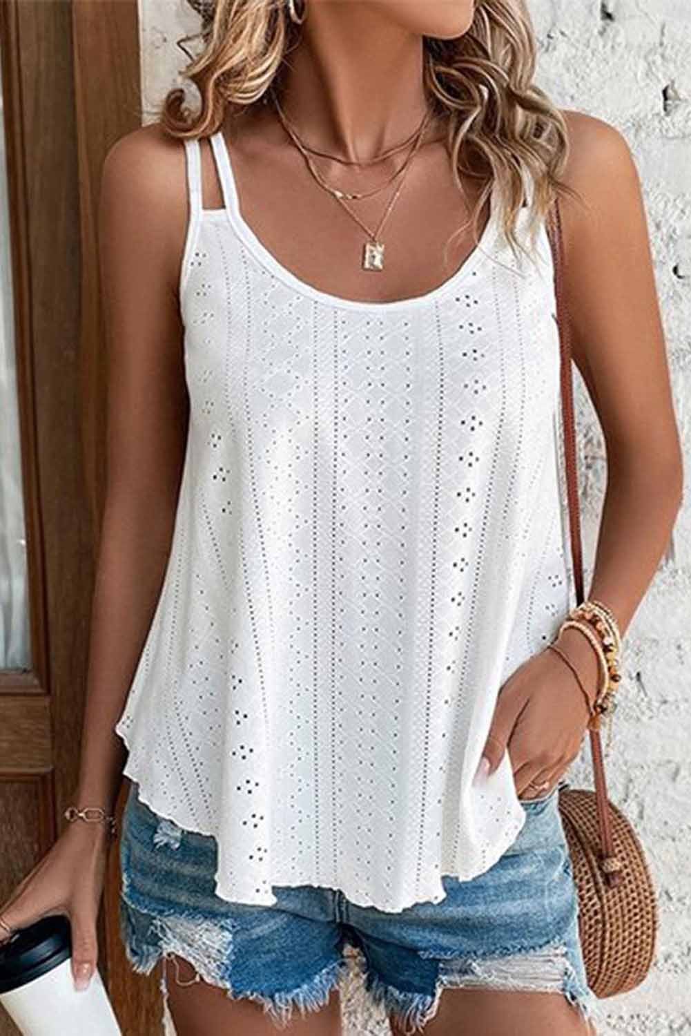 White Eyelet Strappy Scoop Neck Tank Top