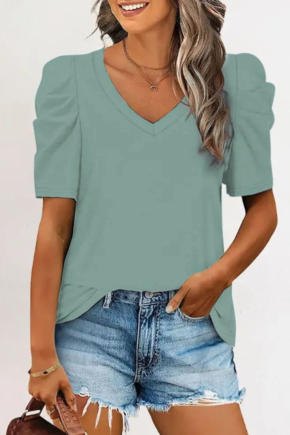 Green Solid Puff Sleeve Casual V Neck T-SHIRT
