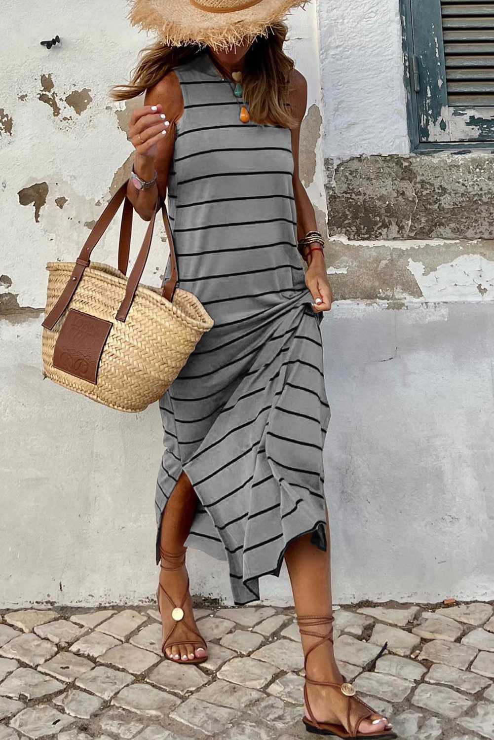 Shewin Wholesale Clothes Vendors Grey Striped Backless Casual Side Slits Maxi DRESS