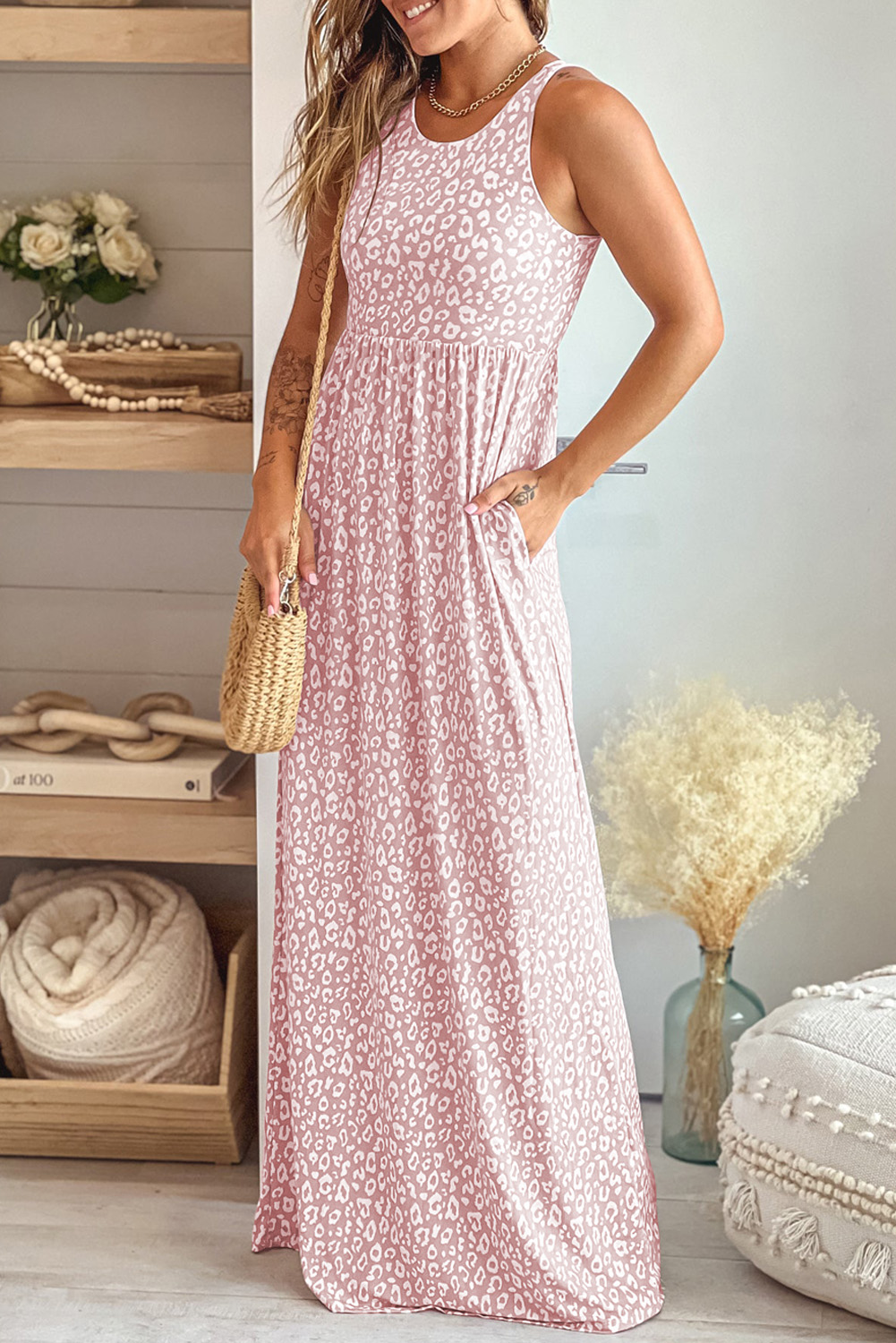 Shewin Wholesale SUMMER Pink Sleeveless Floor Length Leopard Print DRESS with Pockets