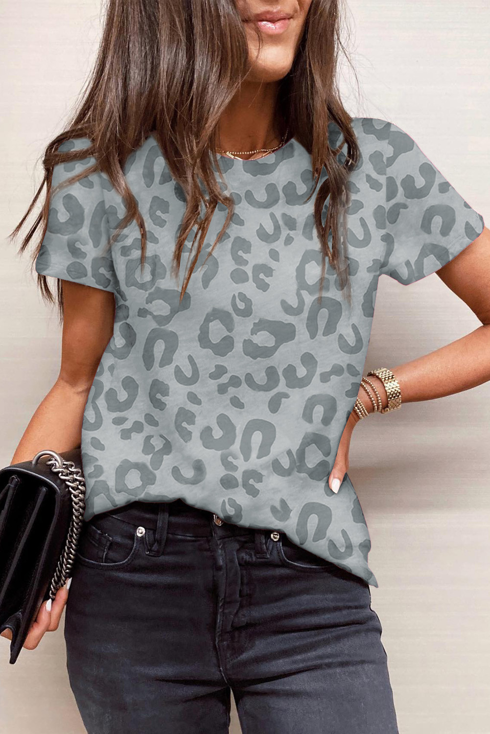 Gray Casual Leopard Crew Neck Short Sleeve T Shirt