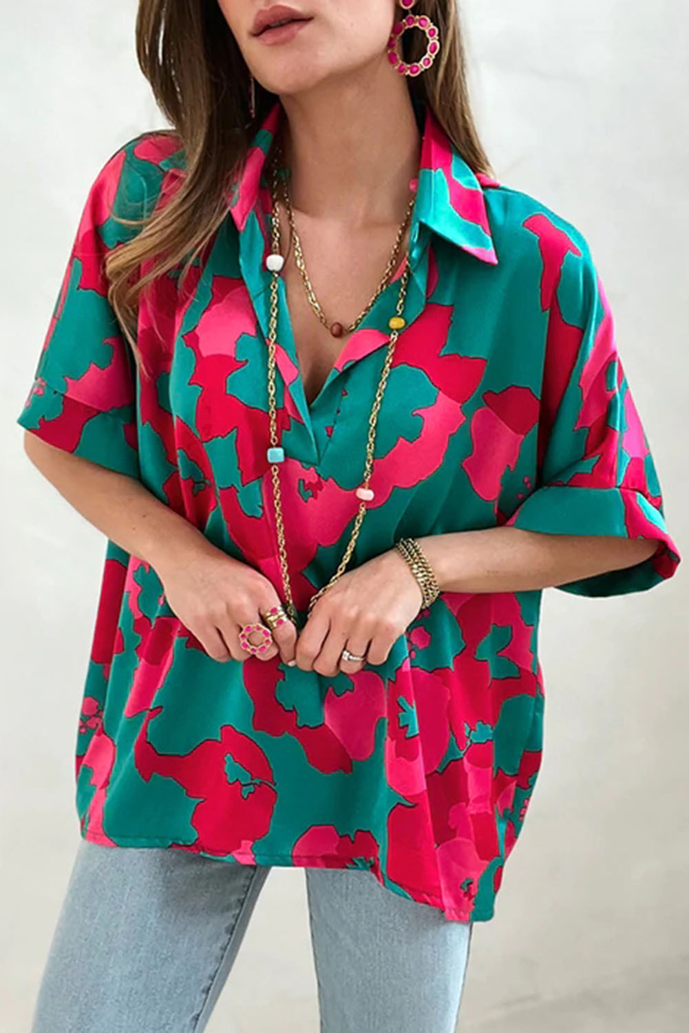 Green Abstract Print Collared Short Sleeve Satin Collared Shirt