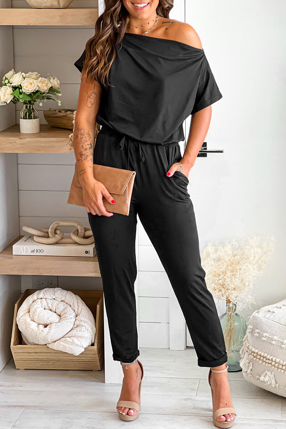 Shewin Wholesale CLOTHING Black Tie Waist Off Shoulder Short Sleeve Tapered Jumpsuit