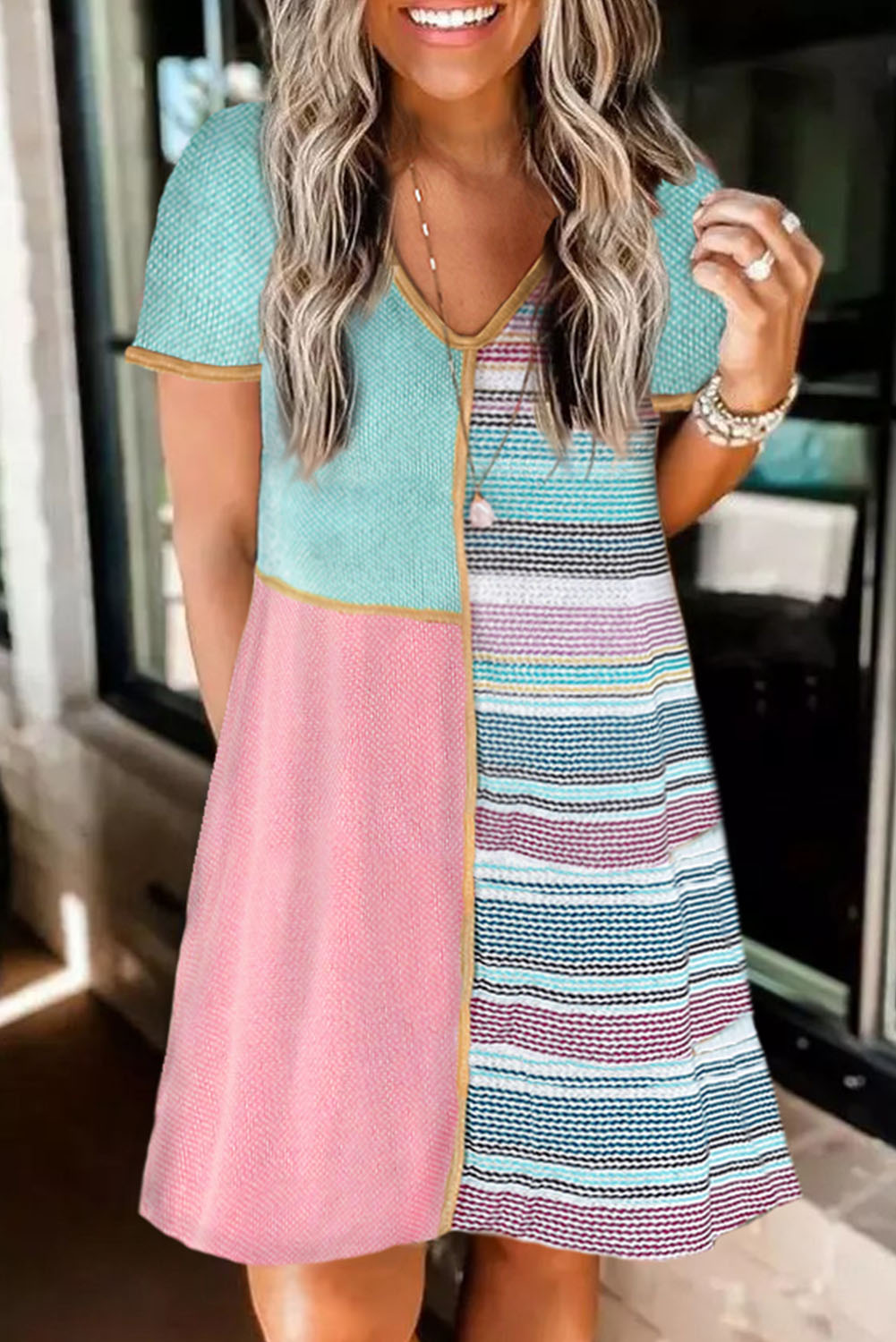 Shewin Wholesale CLOTHING Vendors Multicolor Color Block Stripe Knit Patchwork A-line Dress