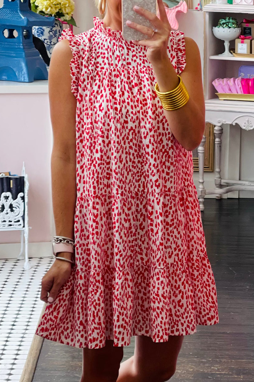 Shewin Wholesale CLOTHING Pink Leopard Frilled Neck Shift Sleeveless Tank Short Dress