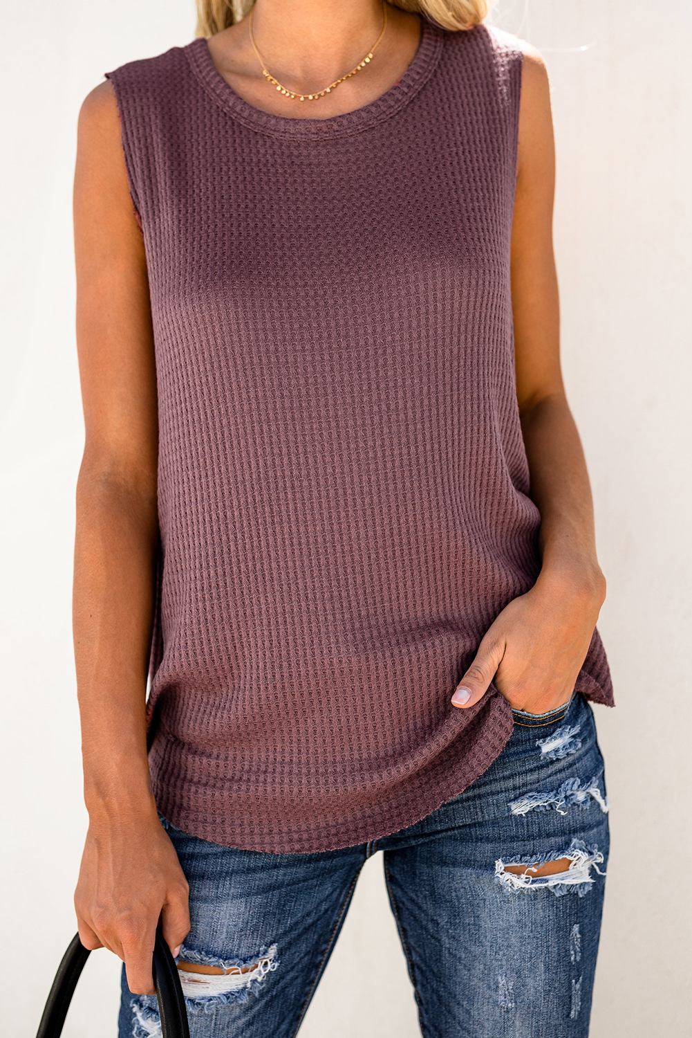 Shewin Wholesale CLOTHING Red Basic Crew Neck Waffle Rib-Knit Tank Top