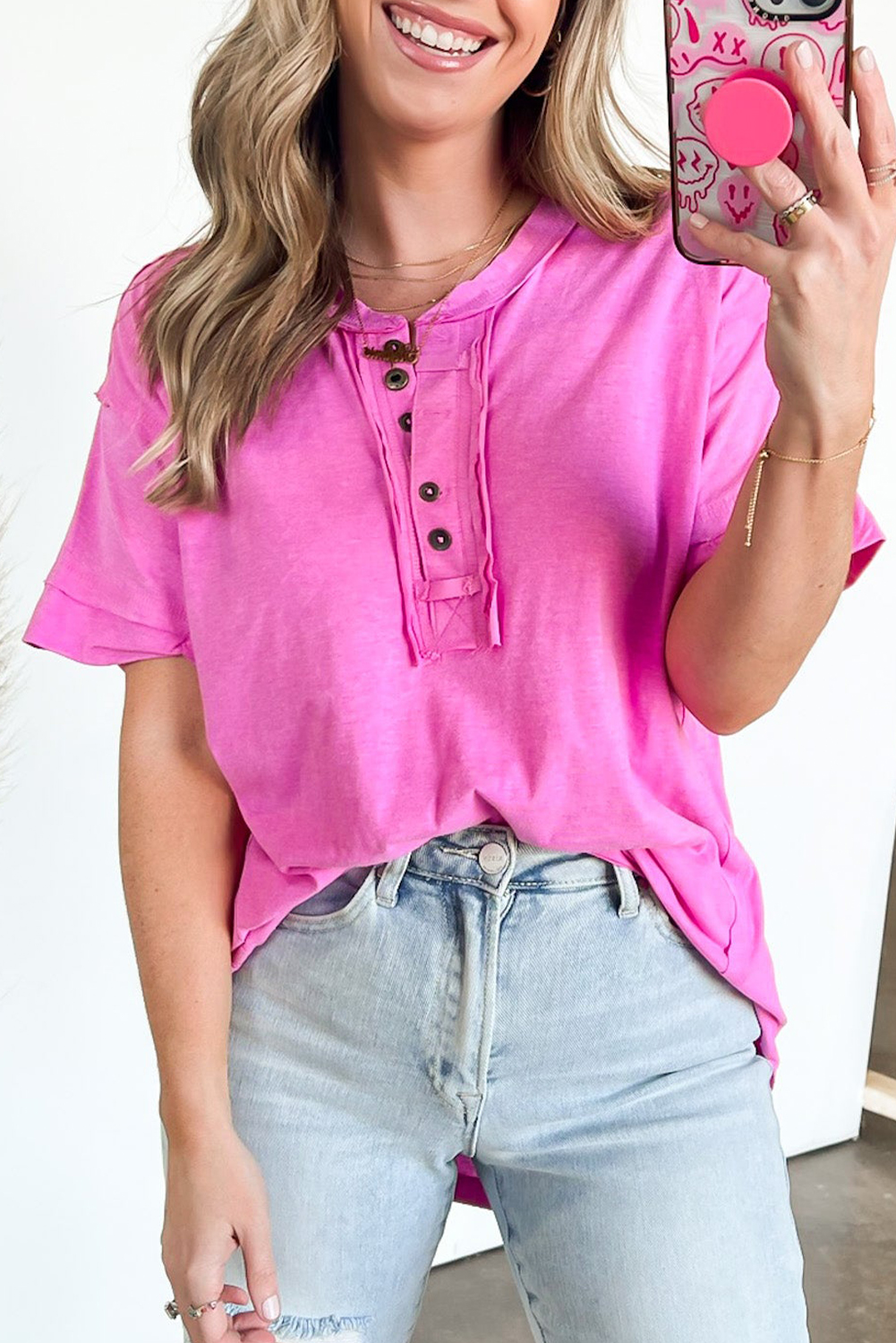 Rose Solid Button Short Sleeve Henley Top