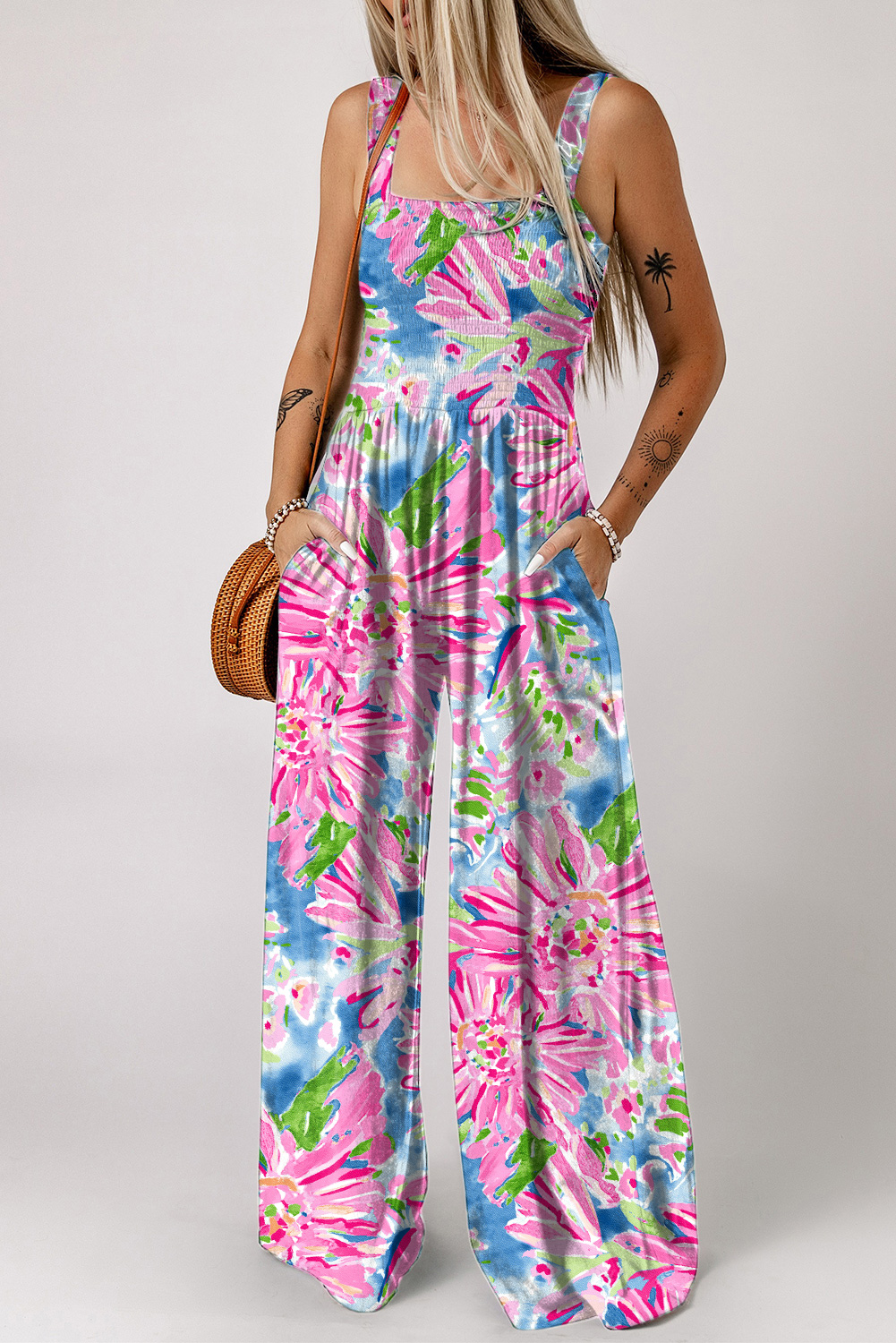 Shewin Wholesale CLOTHING Vendors Pink Abstract Floral Painting Smocked Wide Leg Jumpsuit