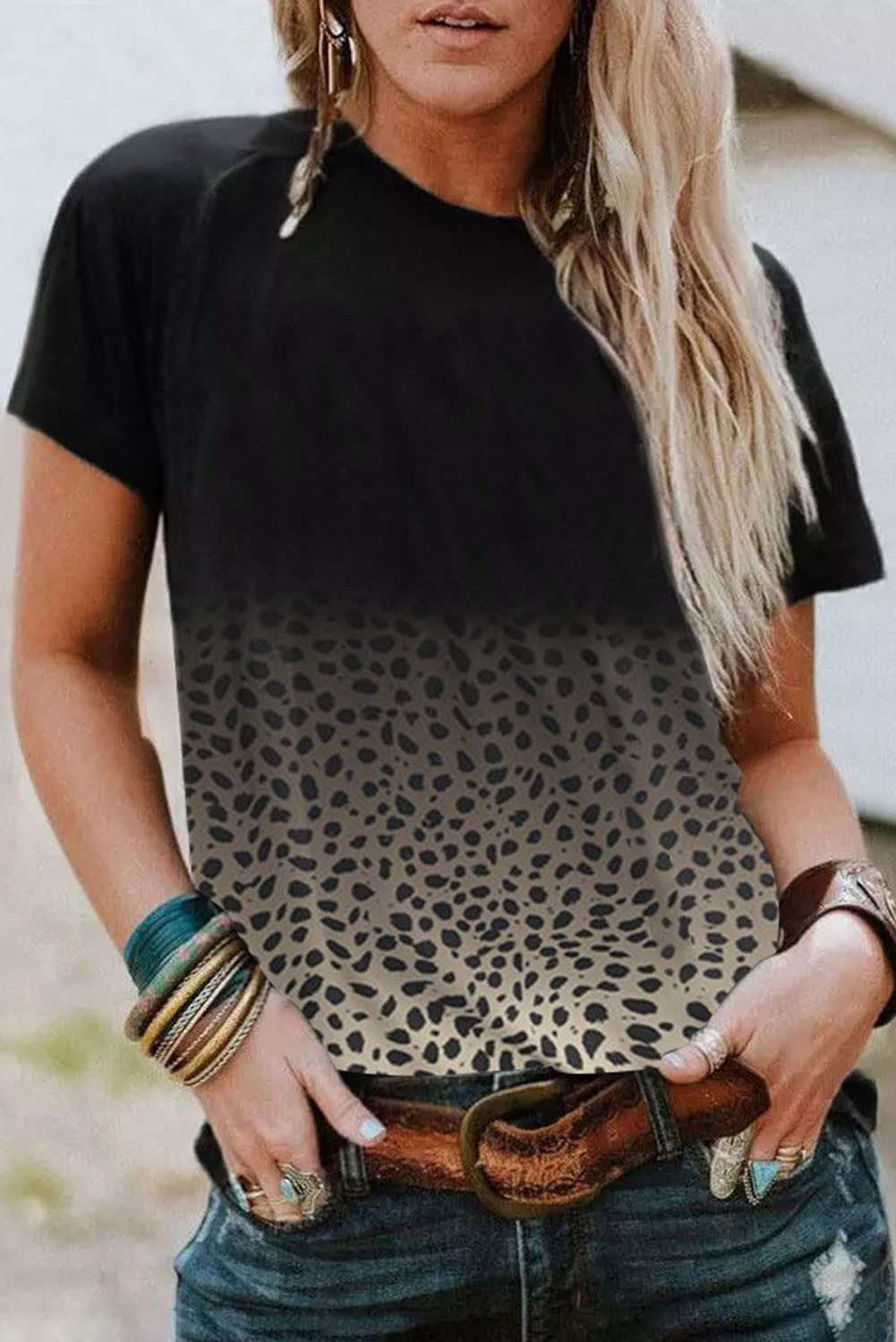 Black Ombre Leopard Print Casual Crew Neck T Shirt for Women