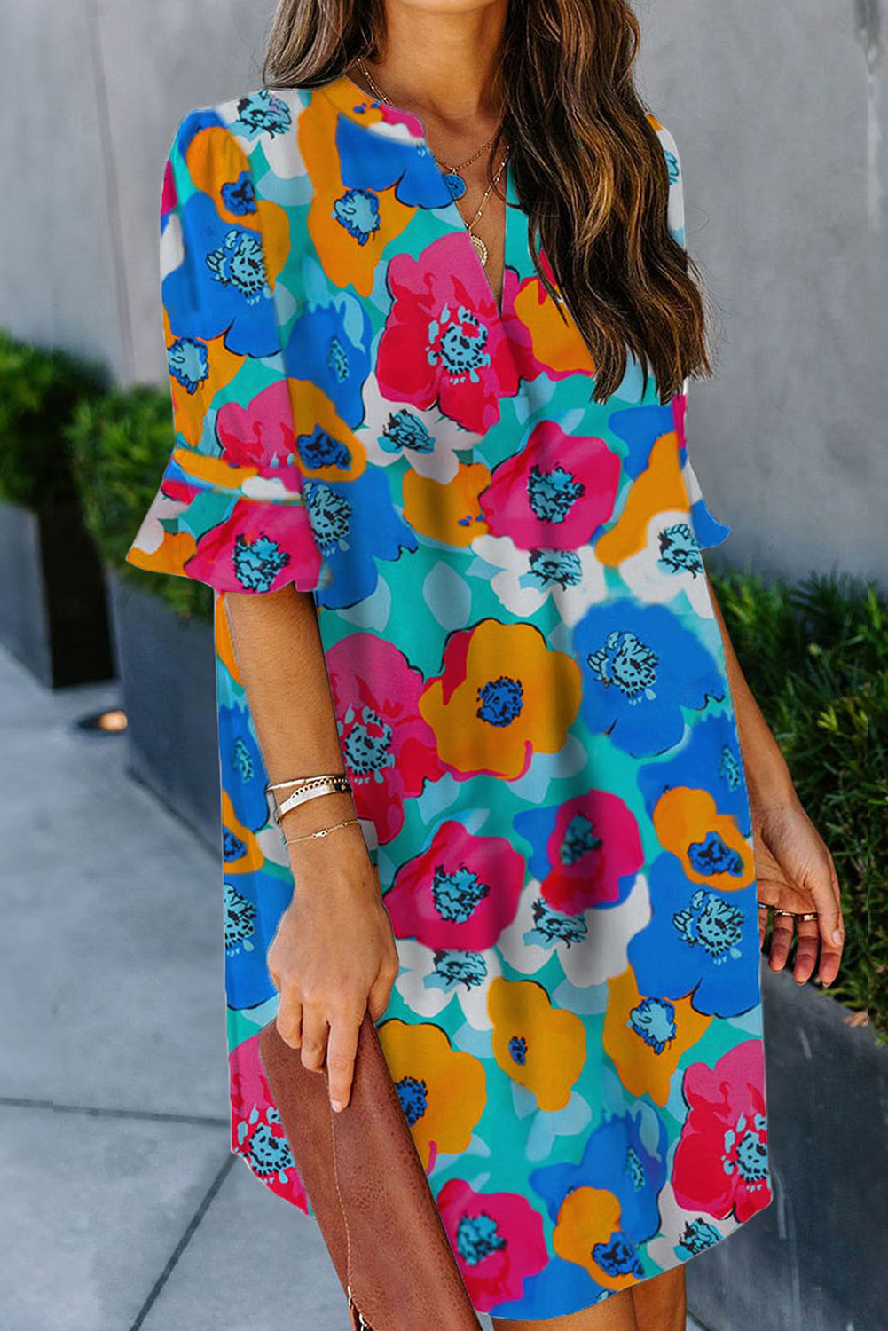 Shewin Wholesale Clothing Multicolor Floral Print Mandarin Collar Short Sleeve Tunic DRESS