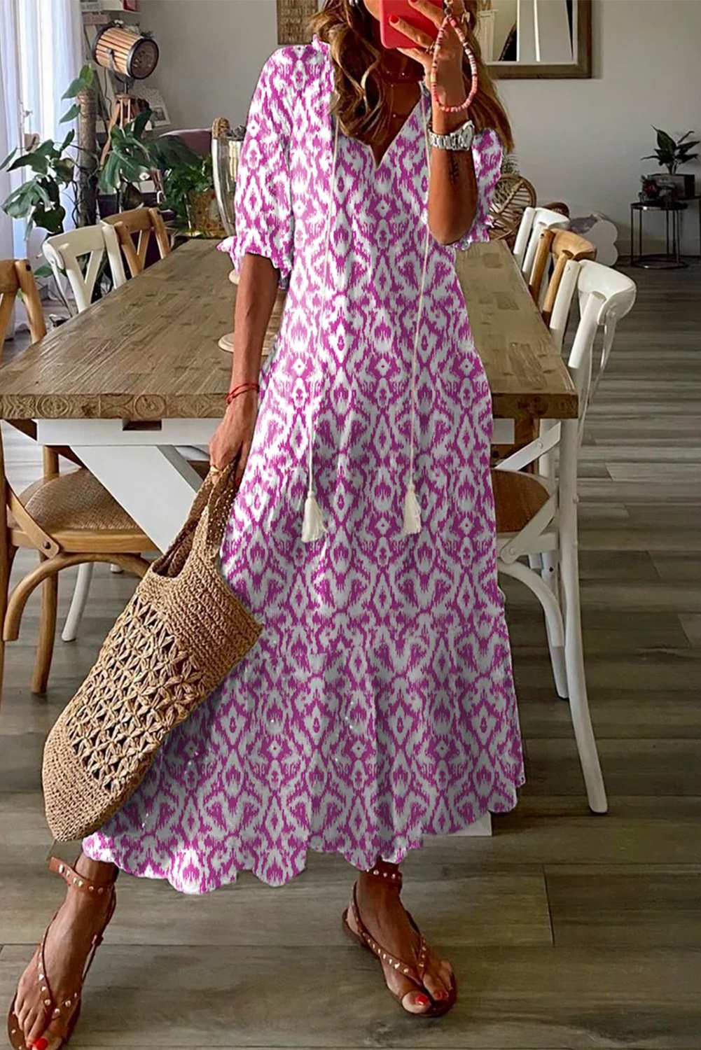 Shewin Wholesale Fashion Pink Geometric Print Casual V Neck Maxi DRESS