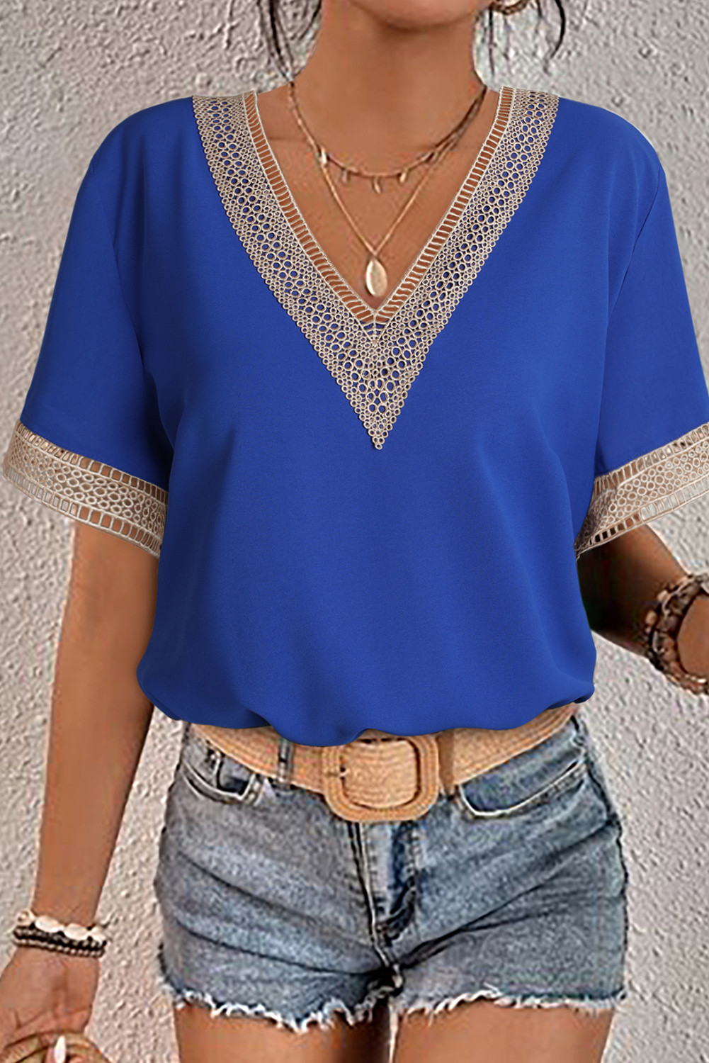 Dark Blue Lace Trim V Neck Casual Short Sleeve Blouse
