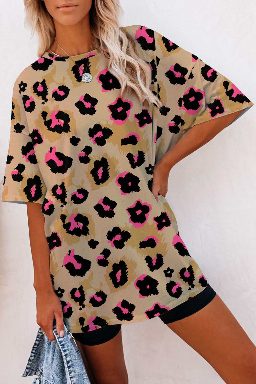 Shewin Wholesale CLOTHING Brown Cheetah Casual Oversized Boyfriend Style T Shirt