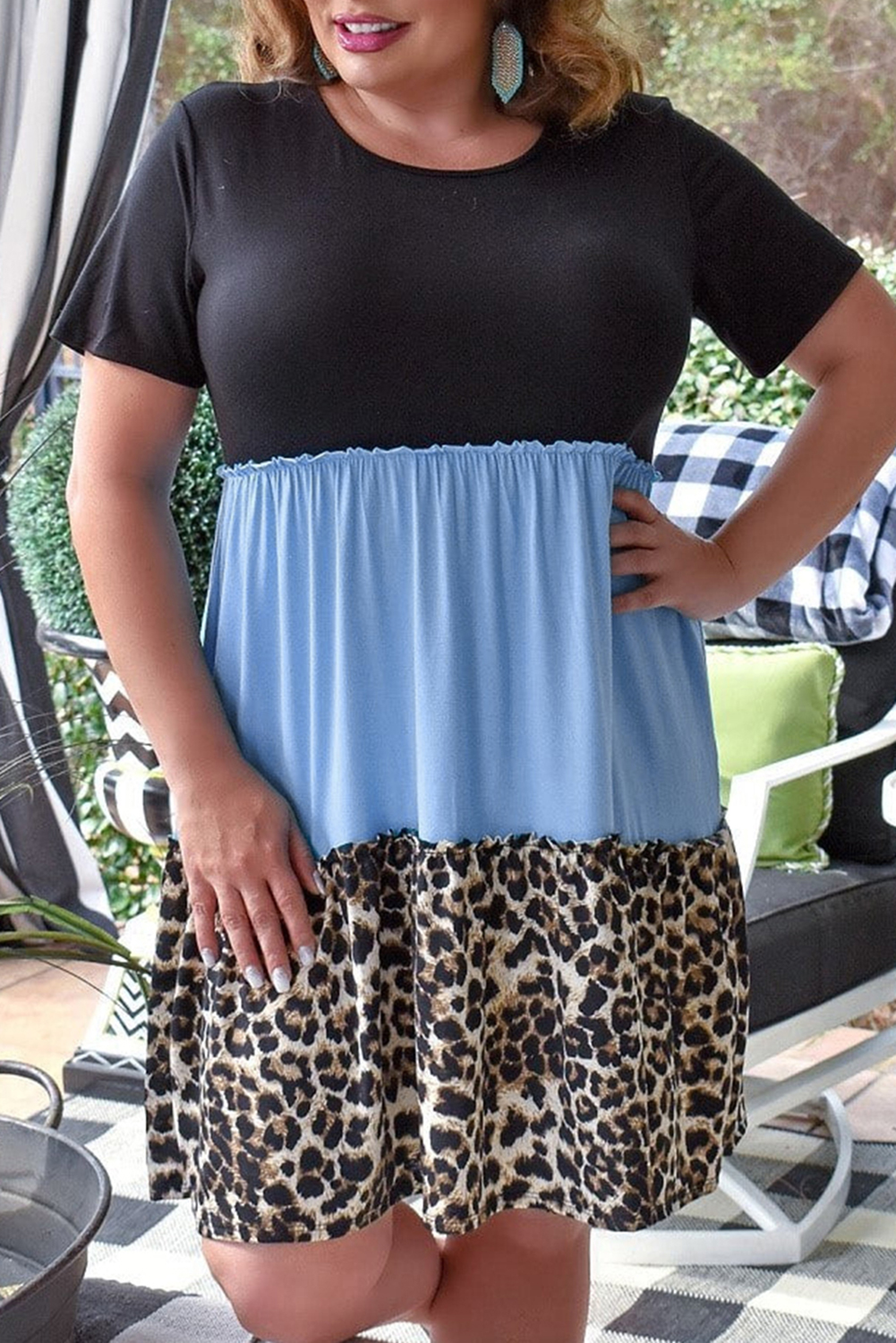 Shewin Wholesale Clothes Black & Blue Color Block Leopard Patchwork Plus Size Shirt DRESS