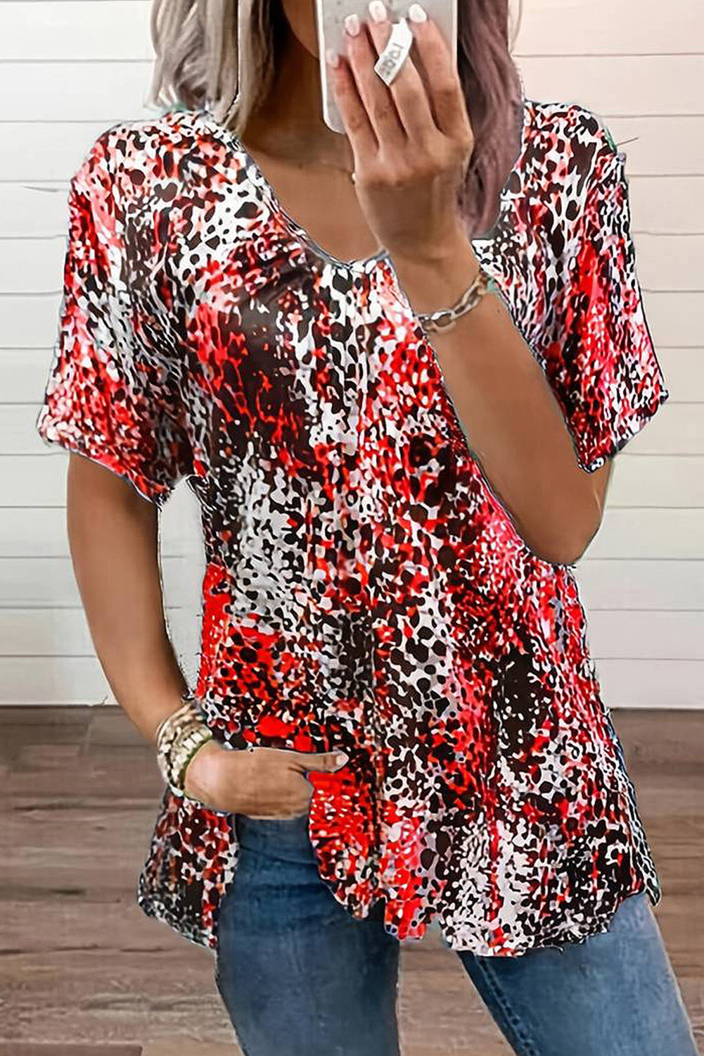 Red Casual Abstract Print V Neck T Shirt
