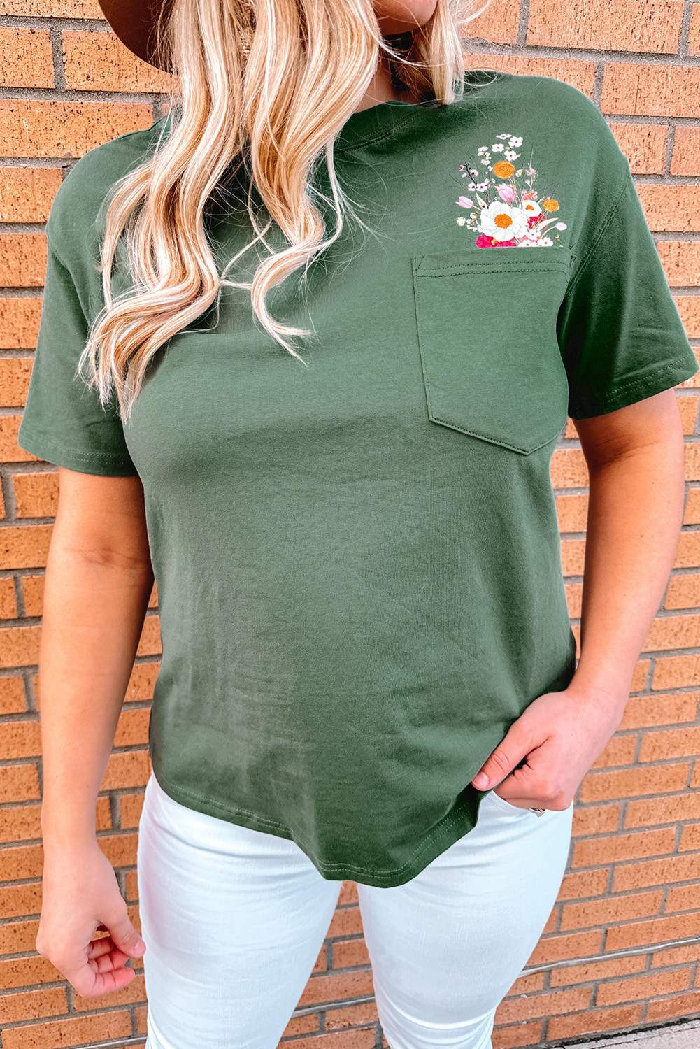Green Foral Print Chest Pocket Crew Neck T Shirt