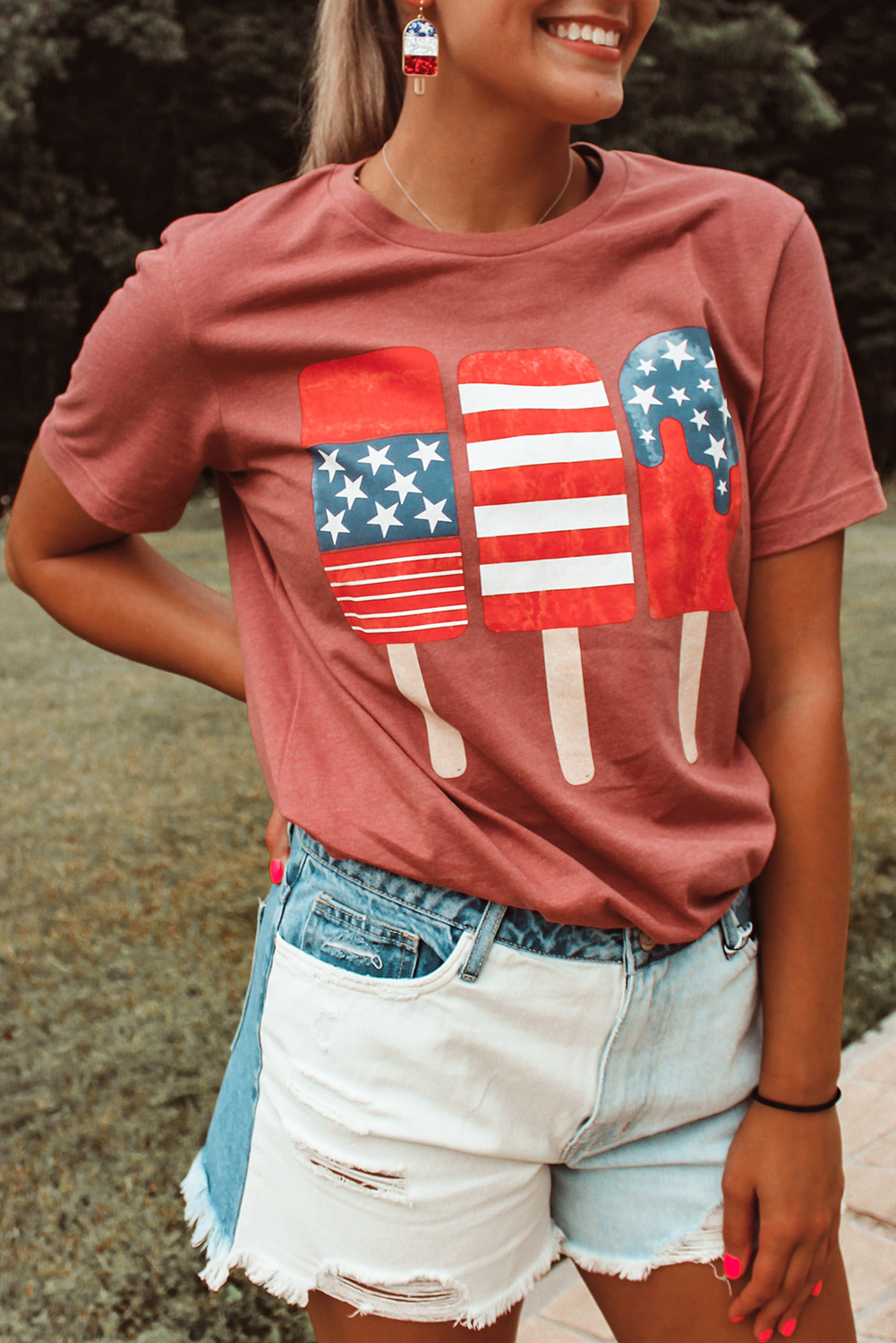 Red American FLAG Popsicles Patterned Crew Neck Patriotic T Shirt