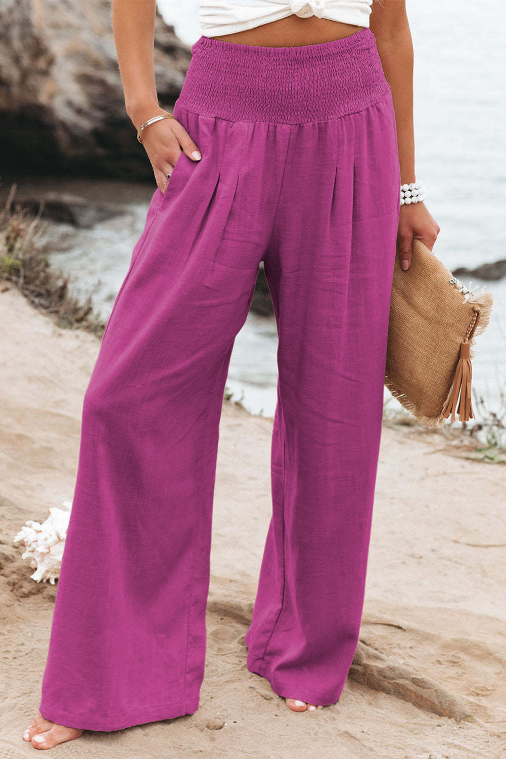 Rose Smocked Wide Waistband Wide Leg Pants