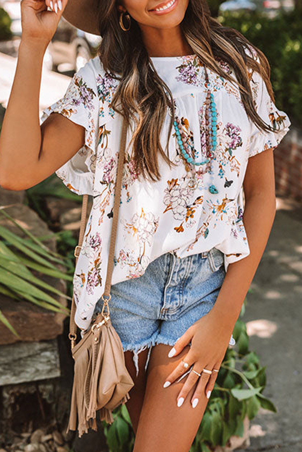 Shewin Wholesale Fall White Floral Ruffled Knot SHORT Sleeve Blouse