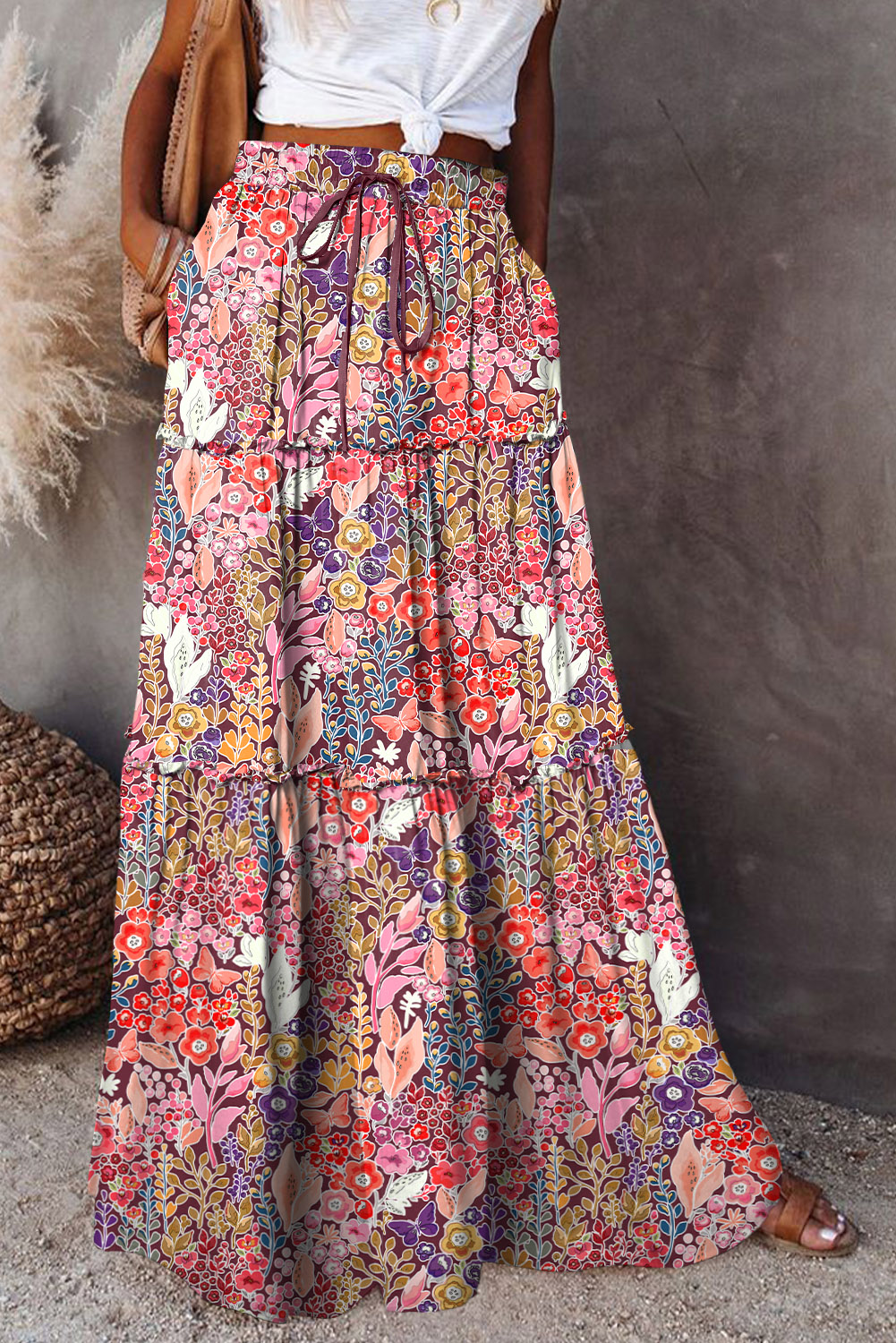 Shewin Wholesale Clothing Stores Multicolor Boho Floral Print High Waist Maxi SKIRT