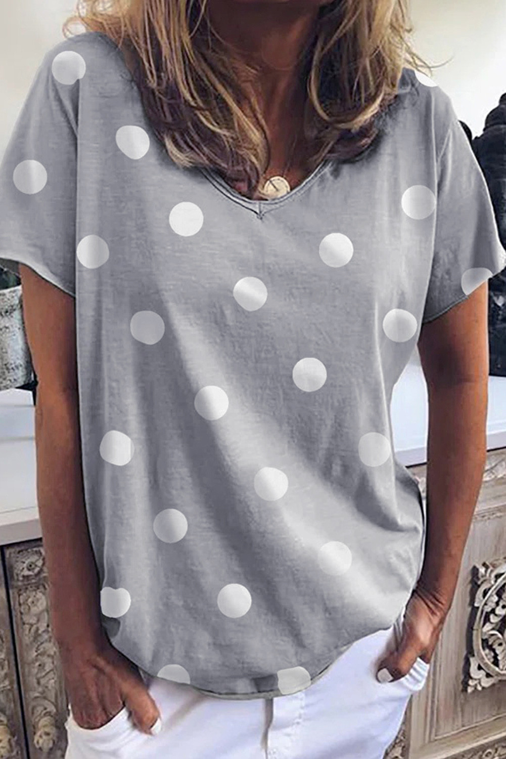 Grey Polka Dot Short Sleeve V Neck T Shirt