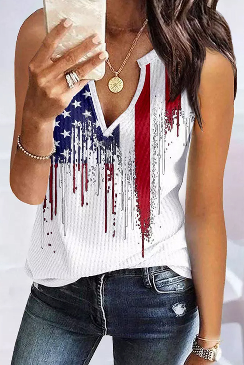 Shewin Wholesale Clothing Stores White American FLAG Designful Print Notch V Neck Tank Top