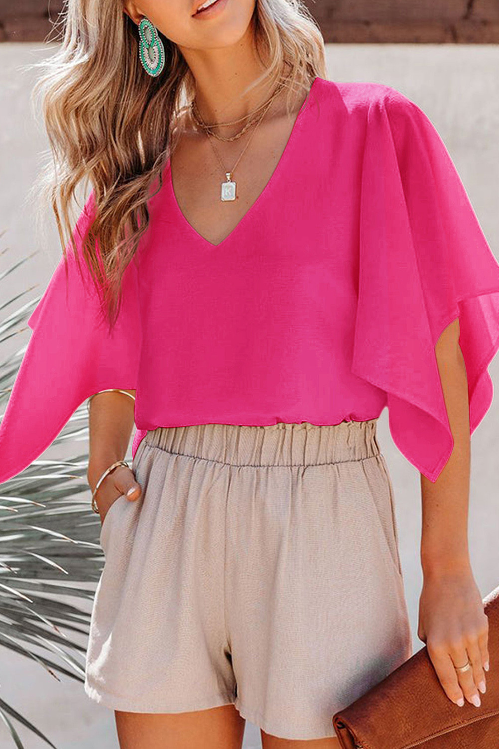 Rose Solid Color Flounce Sleeve V Neck Blouse