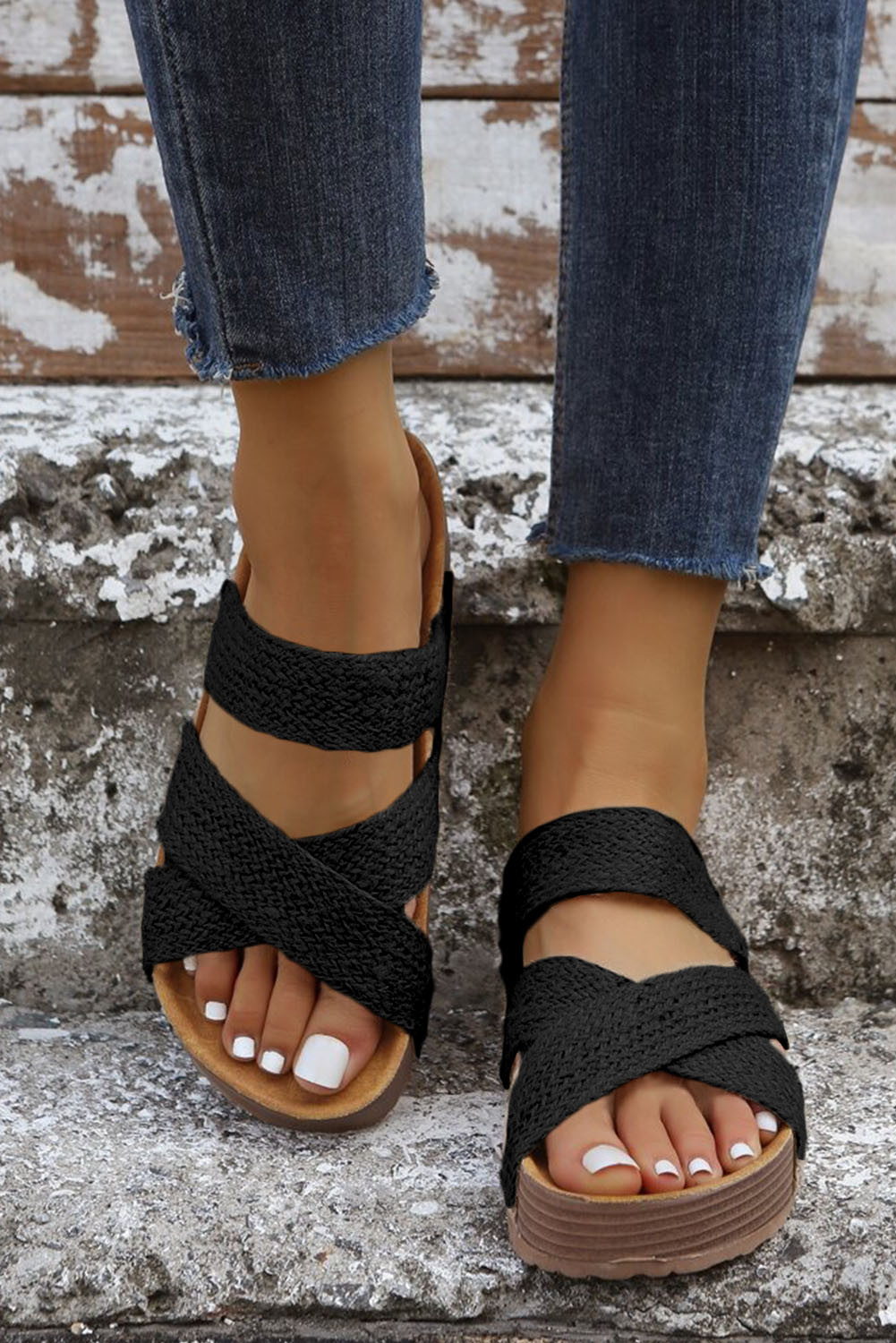Black Woven Criss Cross Strap Platform Slides Shoes