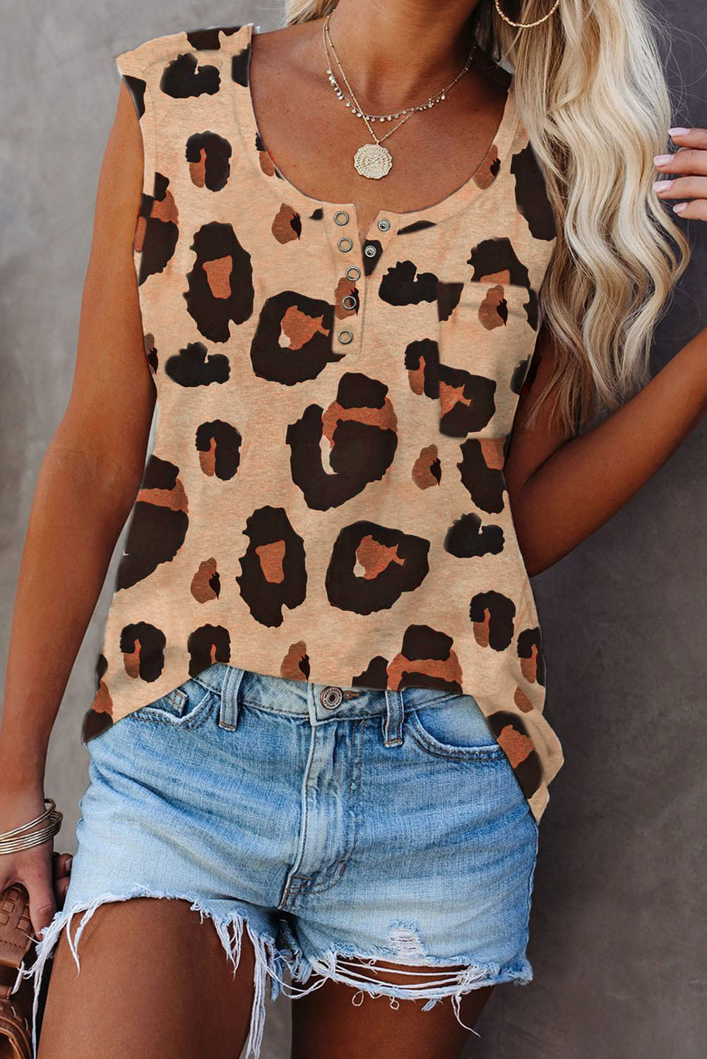 Cheetah Button Neck Casual Chest Pocket TANK TOP