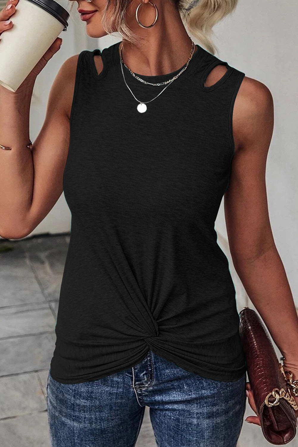 Black Cut Out Twist Front Crew Neck Tank Top
