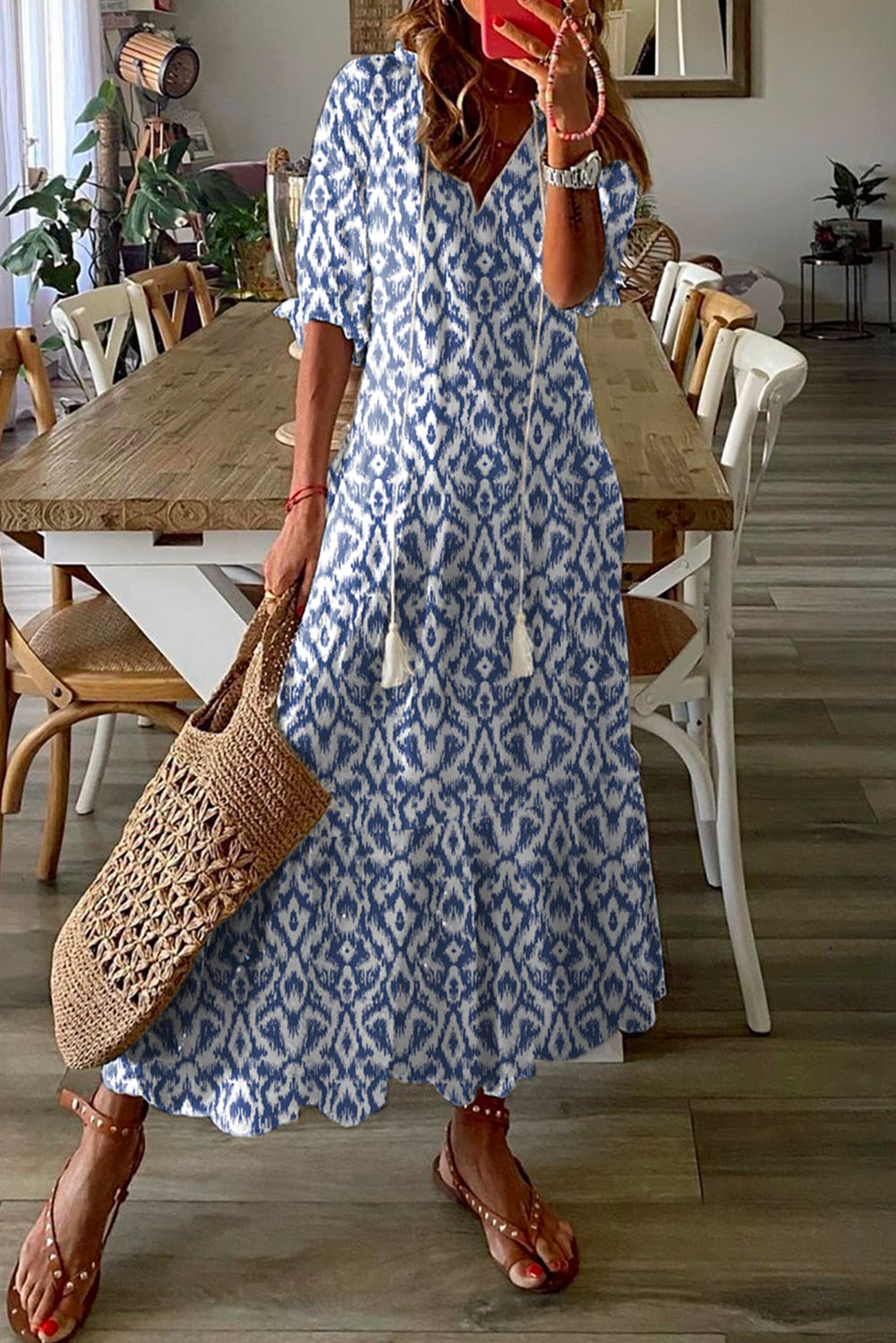 Shewin Wholesale CLOTHING Boutique Sky Blue Geometric Print Casual V Neck Maxi Dress
