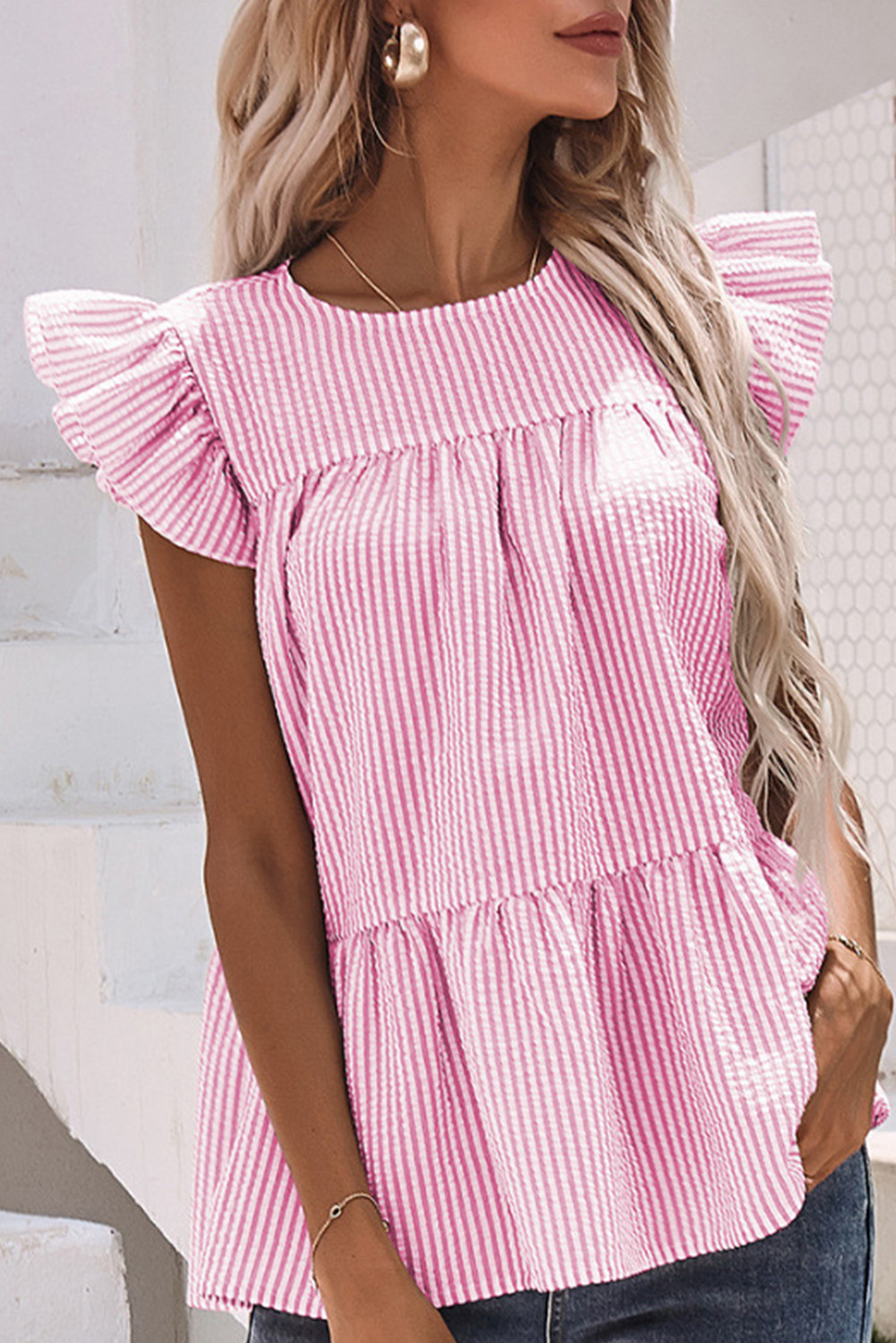 Pink Striped Ruffle Tiered Sleeveless Shirt