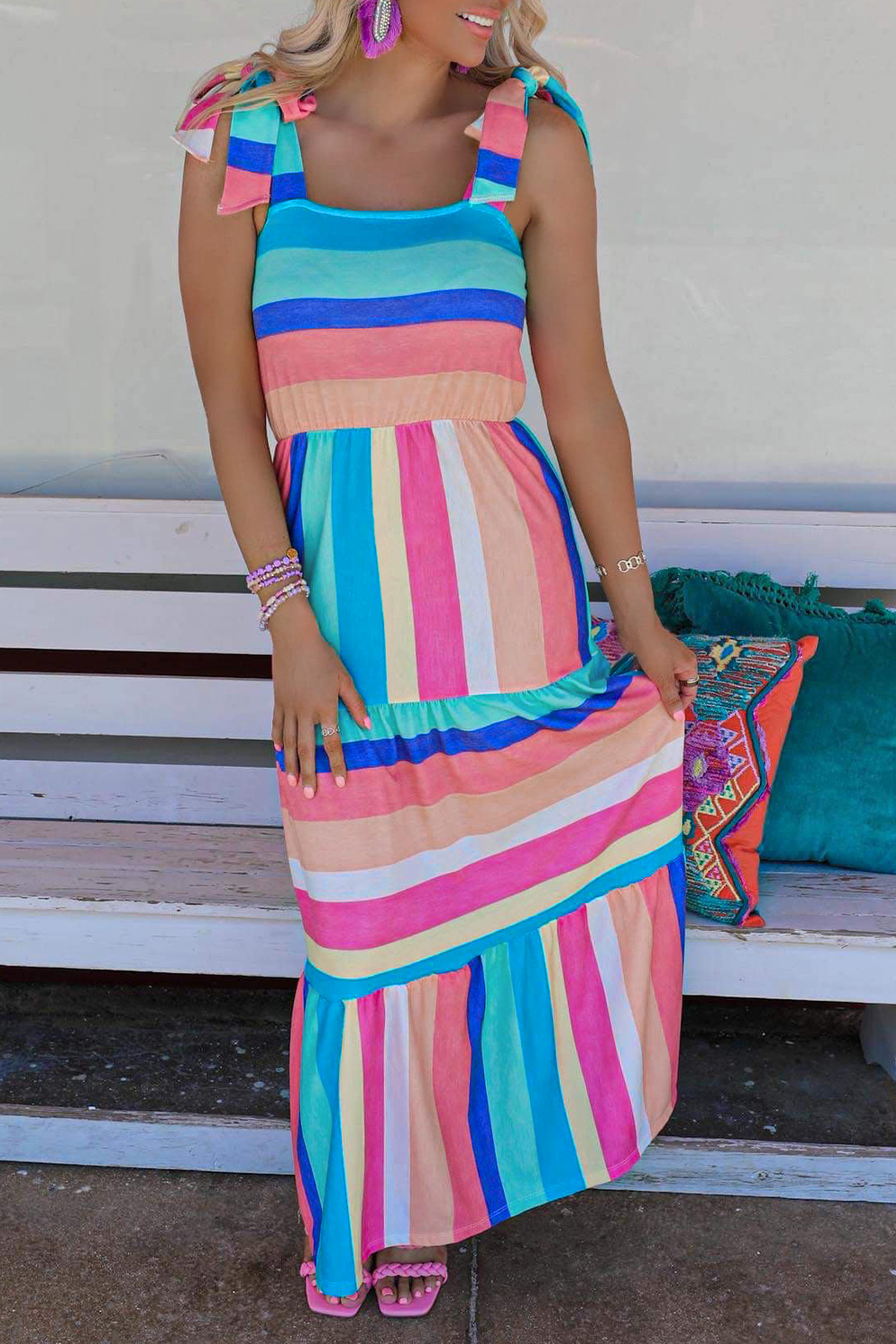 Multicolor Striped Print Bow Knot Straps Sleeveless Maxi DRESS