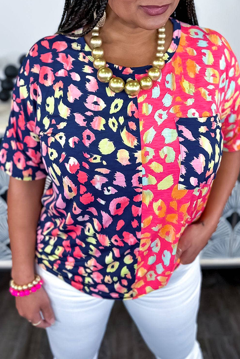 Shewin Wholesale Chic Female Leopard Colorblock SHORT Sleeve Plus Size Top