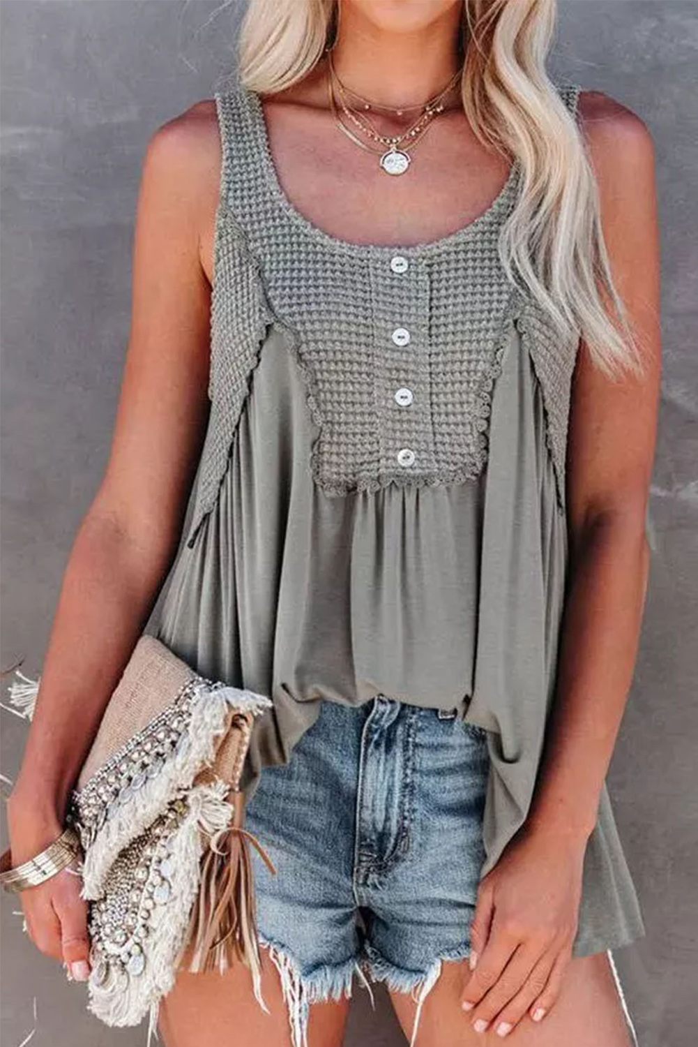 Shewin Wholesale CLOTHING Suppliers Gray Waffle Knit Panel Babydoll Sleeveless Top